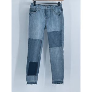Free People Jeans Women Size 26 Blue Patchwork‎ Raw Hem Mid Rise